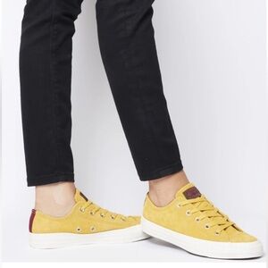 Converse Low Top Sneakers Mustard Yellow Suede 7.5 Burgundy Green Accents